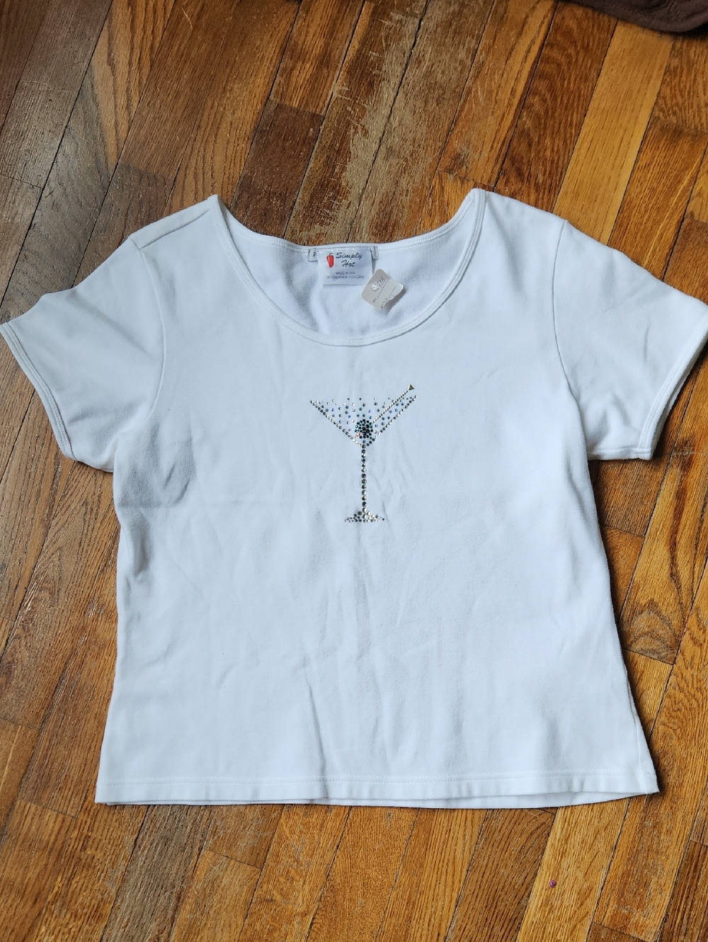 Port Authority White Short Sleeve Scoop Neck Tee with Rhinestone Martini Accent